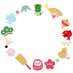 龍と縁起物のフレームイラスト　パステルカラー