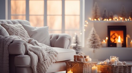 A cozy white room decorated with Christmas decorations. Generative AI - obrazy, fototapety, plakaty