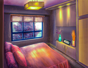 realistic drawing of a room in perspective with a bed and a wardrobe and glowing lamps, a tree outside the window