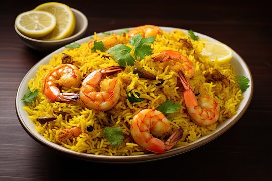 Shrimp Biryani seafood Yellow rice Arabic dishes