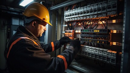 An electrician works at the electrical switchboard. Generative AI