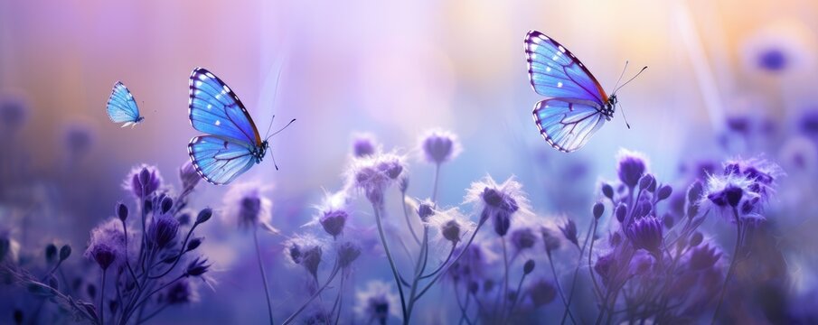 Fluttering blue butterflies on the field with wild pink flowers in sunlight. Floral spring concept for background, banner or greeting card with copy space
