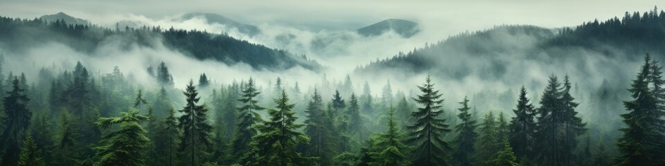 Panoramic view of misty foggy mountain landscape with fir forest, morning fog. Evanescent...