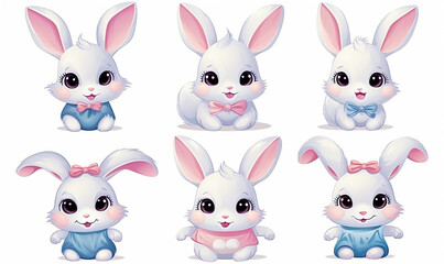 Obraz na płótnie Canvas Cute little cartoon rabbits for baby shower and Easter. Set of cartoon Easter bunnies for greeting card or stickers with simple background.