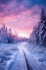 Winter night landscape. Forest, trees and road covered snow. Winterly evening with first stars. Purple landscape with sunset. Happy New Year and Christmas concept