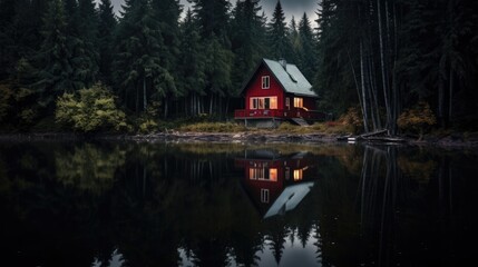 Obraz premium Little red house in the woods near the lake. Lone house in the forest