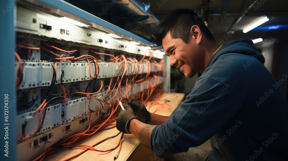 Poster Technician installs wires on circuit board.