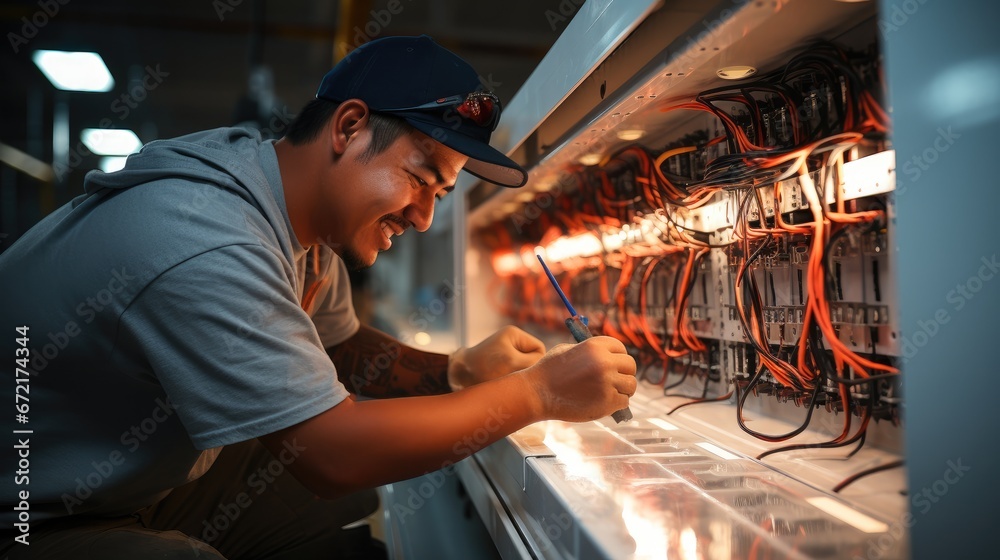 Aufkleber technician installs wires on circuit board.