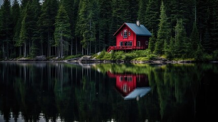 Fototapeta premium Little red house in the woods near the lake. Lone house in the forest