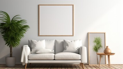 Blank poster frame, white poster frame in minimalist modern style living room.