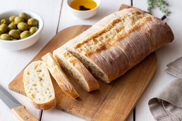 Ciabatta on a white background. Italian food. Bread. Vegetarian food.