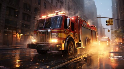 Fototapeta na wymiar A fire truck drives around the city with its siren. Generative AI