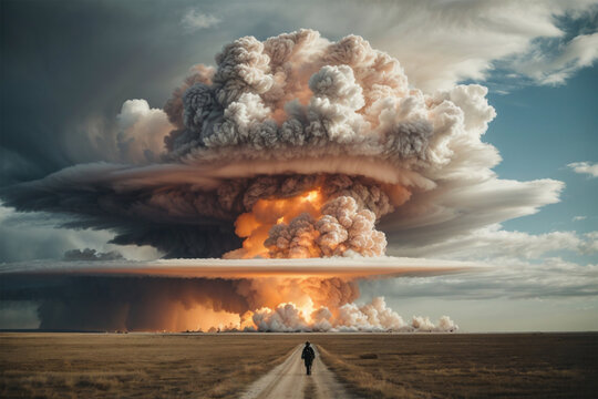 A huge mushroom of a nuclear explosion in a beautiful field.