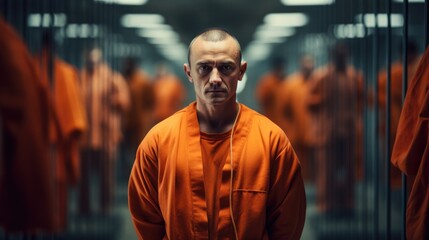 Prisoner in an orange robe. Blurry prison cell in the background - obrazy, fototapety, plakaty
