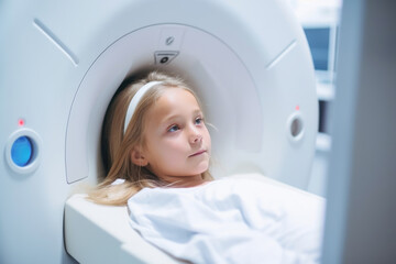 Kid taking magnetic resonance MRI exam at hospital. Generative Ai