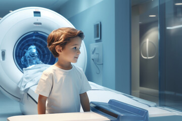 Kid taking magnetic resonance MRI exam at hospital. Generative Ai