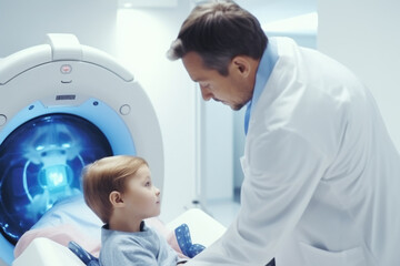 Kid taking magnetic resonance MRI exam at hospital. Generative Ai - 672174982