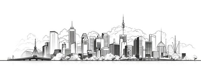 Panorama town, city landscape. Vector sketch illustration - obrazy, fototapety, plakaty
