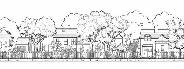 Backyard landscape graphic. Black and white sketch illustration - obrazy, fototapety, plakaty