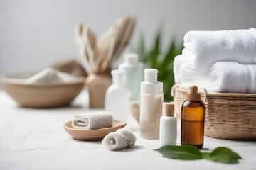 Fototapeta na wymiar business concept, Selective focus a Towels with herbal bags and beauty treatment items setting in spa center in white room, copy space