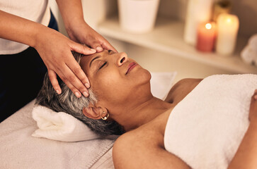 Woman, face and head massage at spa with beauty therapist, skincare treatment and healing at...