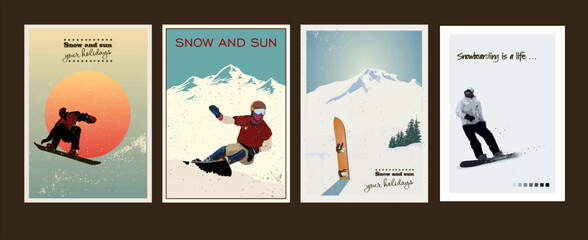 Four decorative posters about snowboarding in different styles. - obrazy, fototapety, plakaty