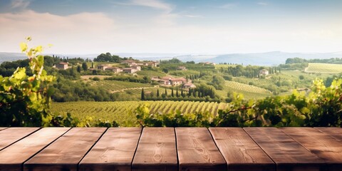 An empty tabletop overlooking a vineyard in toscana 