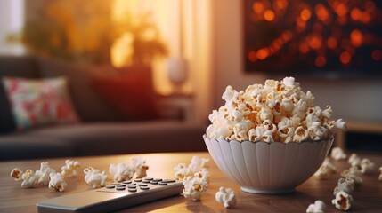 Popcorn in a glass bowl and remote control in front of the TV in a home interior. Watching TV shows and series. Ai generative - obrazy, fototapety, plakaty