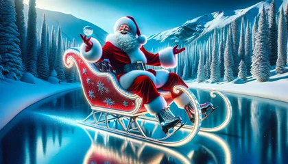 Fotobehang Santa Claus joyfully riding his sleigh over a frozen river amidst snowy pine trees, with a clear blue sky and mountain backdrop.. Generative AI. © Dougie C
