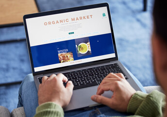 Food delivery menu, laptop or hands of person reading digital restaurant web store or online...
