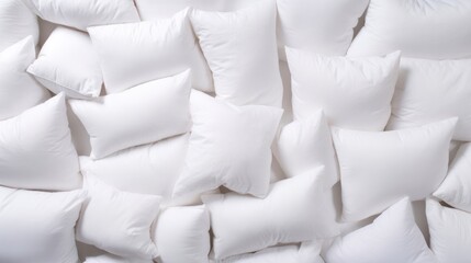 Lots of white pillows. Background with chaotically scattered feather pillows.