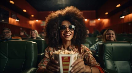 Foto op Plexiglas A woman with a happy look is watching a movie in the cinema while holding popcorn. Ai generative © Ewa