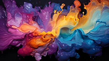 Obraz premium Vivid paint splash in blue, orange, yellow, purple, and aqua hues.Generative AI