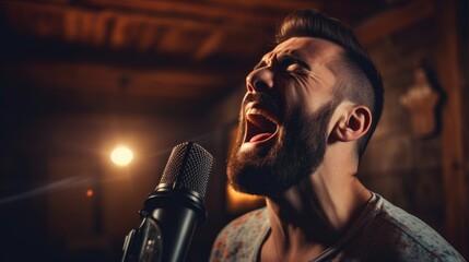Man singing into a microphone in a vocal studio