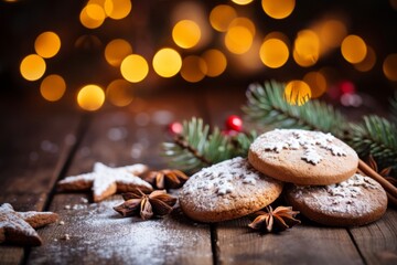 Fototapeta na wymiar A heartwarming scene of freshly baked, sugar-dusted cookies cooling on a rustic wooden table, surrounded by twinkling Christmas lights and festive decorations