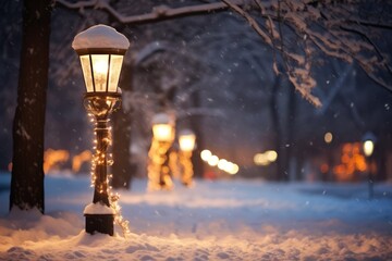 Fototapeta na wymiar An enchanting snowy lamppost adorned with twinkling Christmas lights and wreath, casting a warm glow on the pristine snow beneath