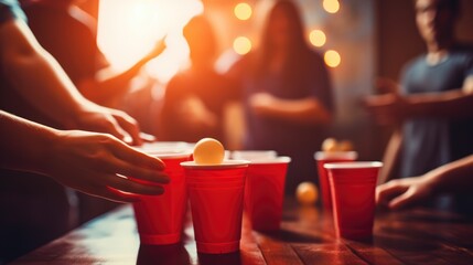 Cups and plastic ball for beer pong game on table. - obrazy, fototapety, plakaty