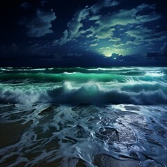 Night's Tempest: The Enchanted Midnight Sea with Towering Emerald Waves