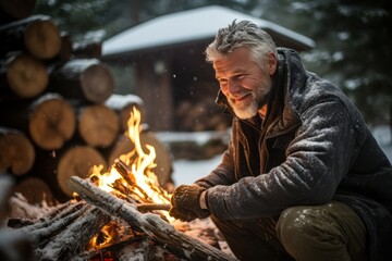 A middle-aged man in a cozy winter sweater, chopping firewood outside his snow-covered log cabin, preparing for a warm Christmas Eve by the fireplace - Powered by Adobe