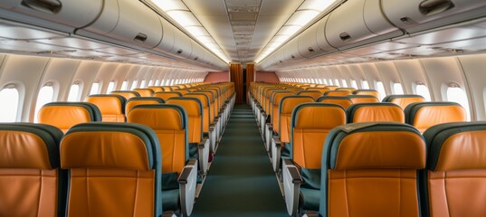 Airplane seat interior. Orange color theme. Generative AI technology.