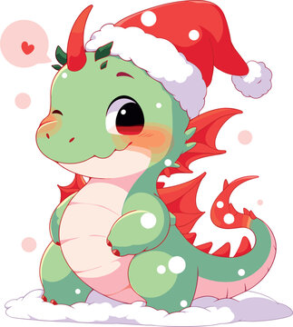 Cute cartoon Dinosaur wearing Santa hat, Christmas Dinosaur, New Year Dinosaur