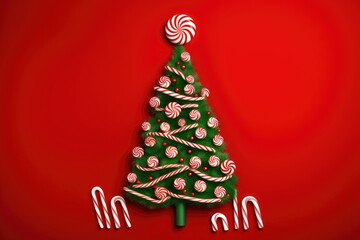 Vibrant Christmas Tree Adorned with Festive Ornaments on Radiant Red Backdrop - Generative AI