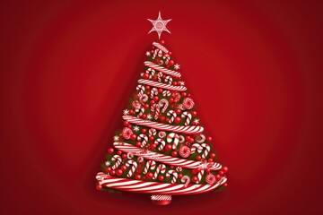 Vibrant Christmas Tree Adorned with Festive Ornaments on Radiant Red Backdrop - Generative AI