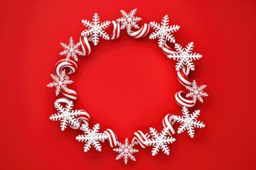 Vibrant Red Holiday Wreath with Snowflakes and Candy Canes: A Festive Delight - Generative AI