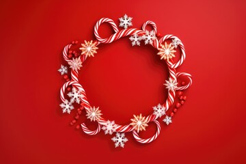 Vibrant Red Holiday Wreath with Snowflakes and Candy Canes: A Festive Delight - Generative AI