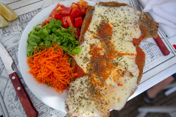 plate of Milanese with cheese and tomato, carrot and lettuce