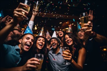 A joyful gathering of diverse individuals wearing colorful party hats, raising their glasses in celebration of the New Year's Eve countdown