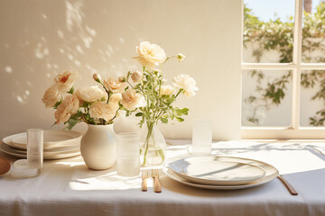 Festive dinner table served with beautiful porcelain and flowers