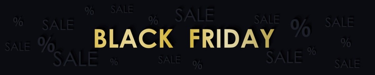 Illustrations. Black Friday. Gold lettering on a black background. Banner, printing of advertising materials, announcements, posters, signs. Sale, discount, promotion, for the site