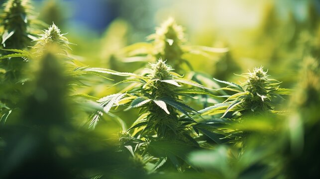 Close up of cannabis bud while still on the plant in the field. Generative Ai. 